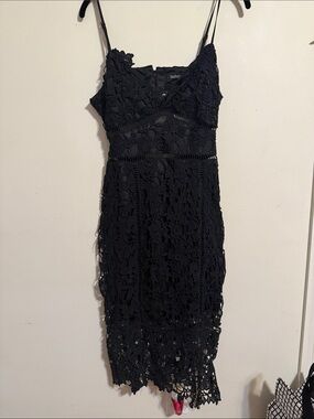 Boohoo Black Crochet Lace Midi Dress with Spaghetti Straps